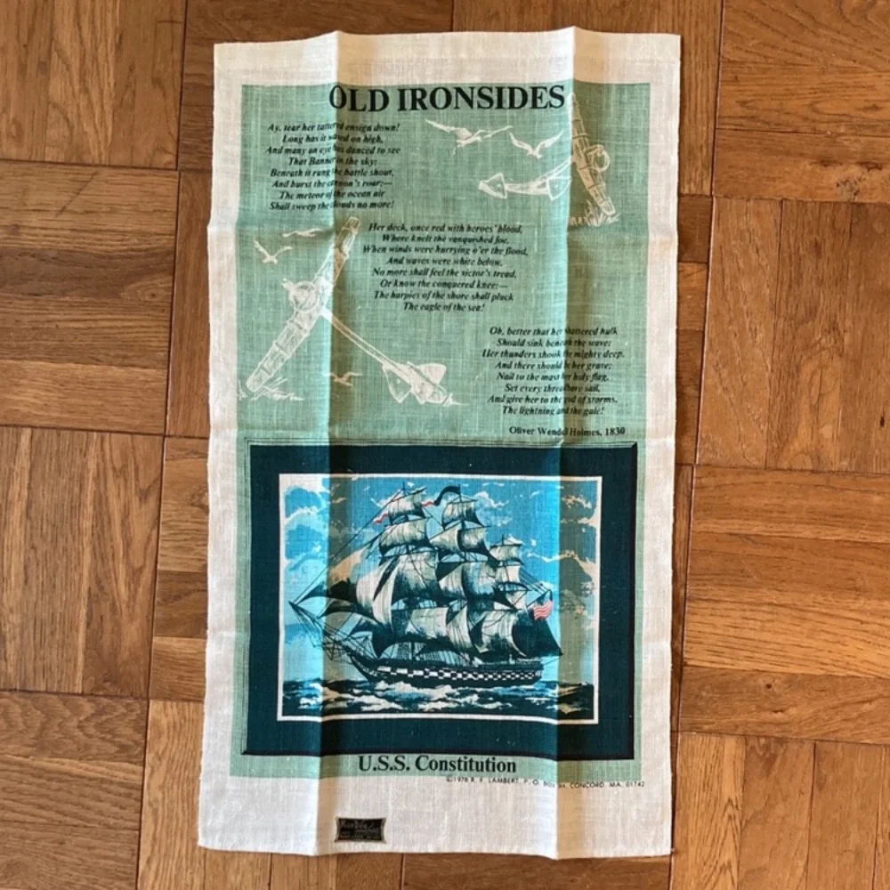 1970s 2 unused linen kitchen towels, Old Ironsides, USS Constitution, with poem